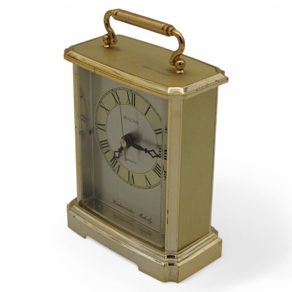 Vintage Bulova Westminster Melody Gold-Tone Mantel Clock Quartz With Handle - Picture 3 of 7
